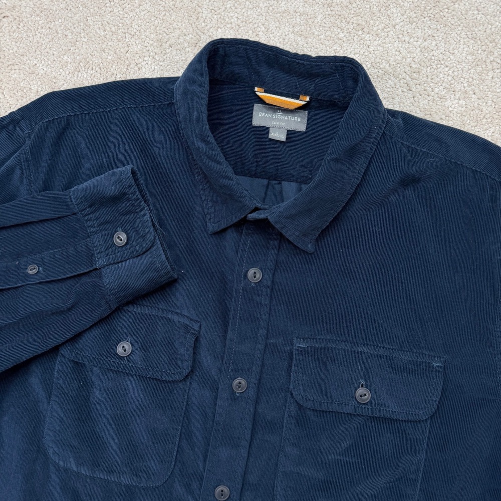 L.L. Bean Signature Mens L Shirt Navy Blue Corduroy Slim Fit Long Sleeve